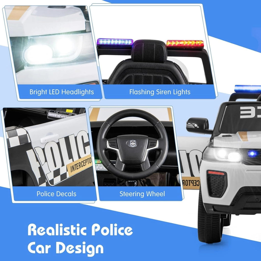 Macchina Elettrica della Polizia per Bambini 12V con Telecomando, Auto Elettrico a Pedale, Veicoli con Sirena, Musica, Fari LED, USB e Radio, 3 km/h, Carico 30 kg, 3-8 Anni (Bianco)