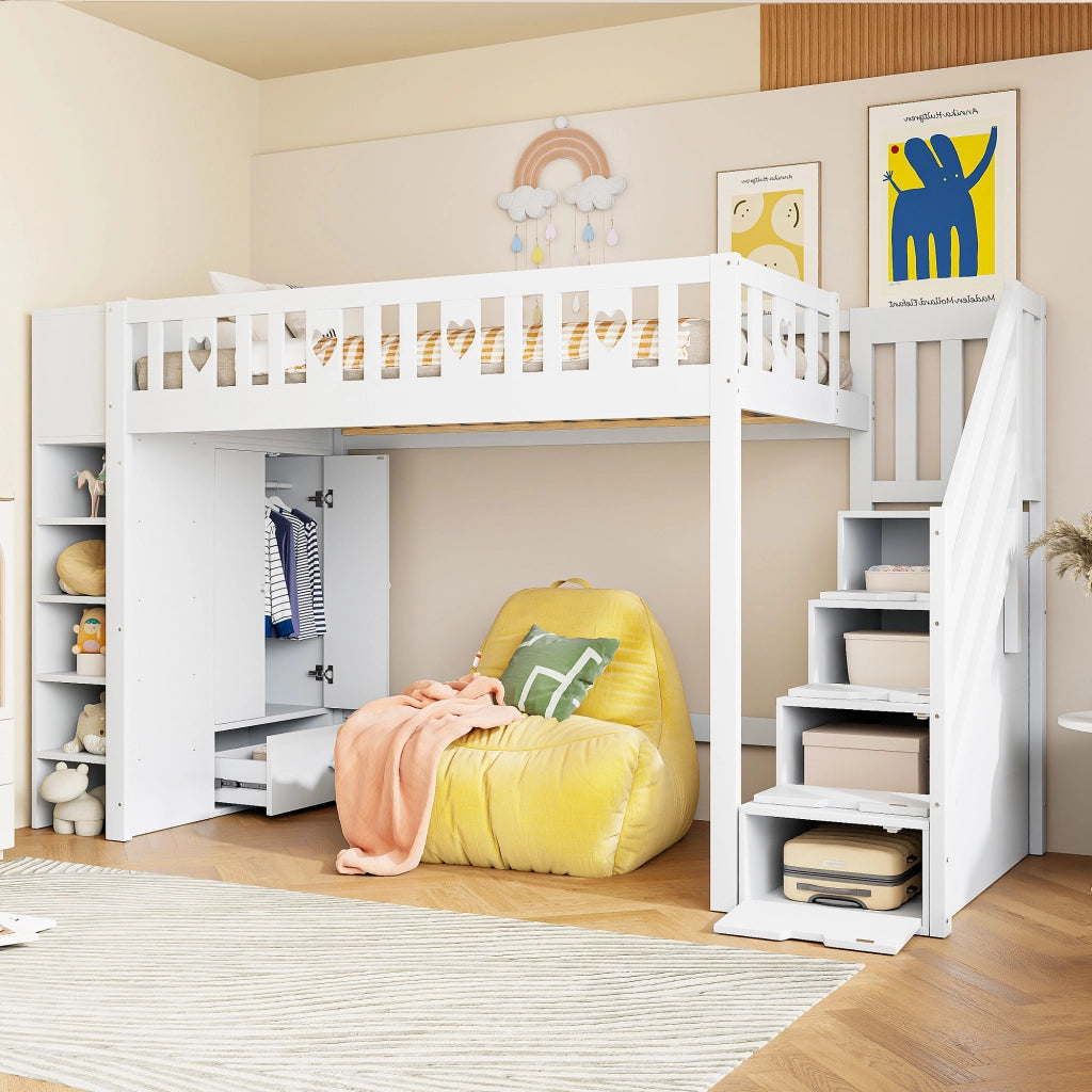 LETTO a soppalco 90x200 cm Bianco in pino e MDF con scala contenitore
