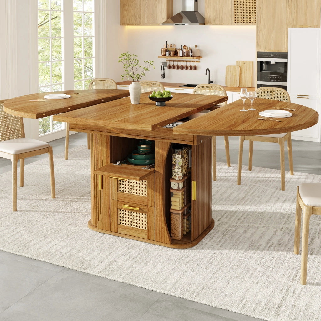 Tavolo da pranzo allungabile con cassetti in effetto rattan e spazio contenitore, per cucina e sala da pranzo, in MDF, rovere