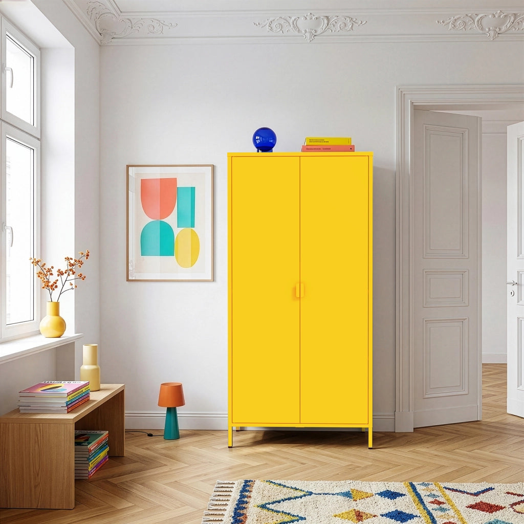 Armadio Guradaroba Esteli in Acciaio a 2 Ante con 2 Barre Appendiabiti e 4 Ripiani 170 x 80 x 45 cm - Giallo [en.casa]