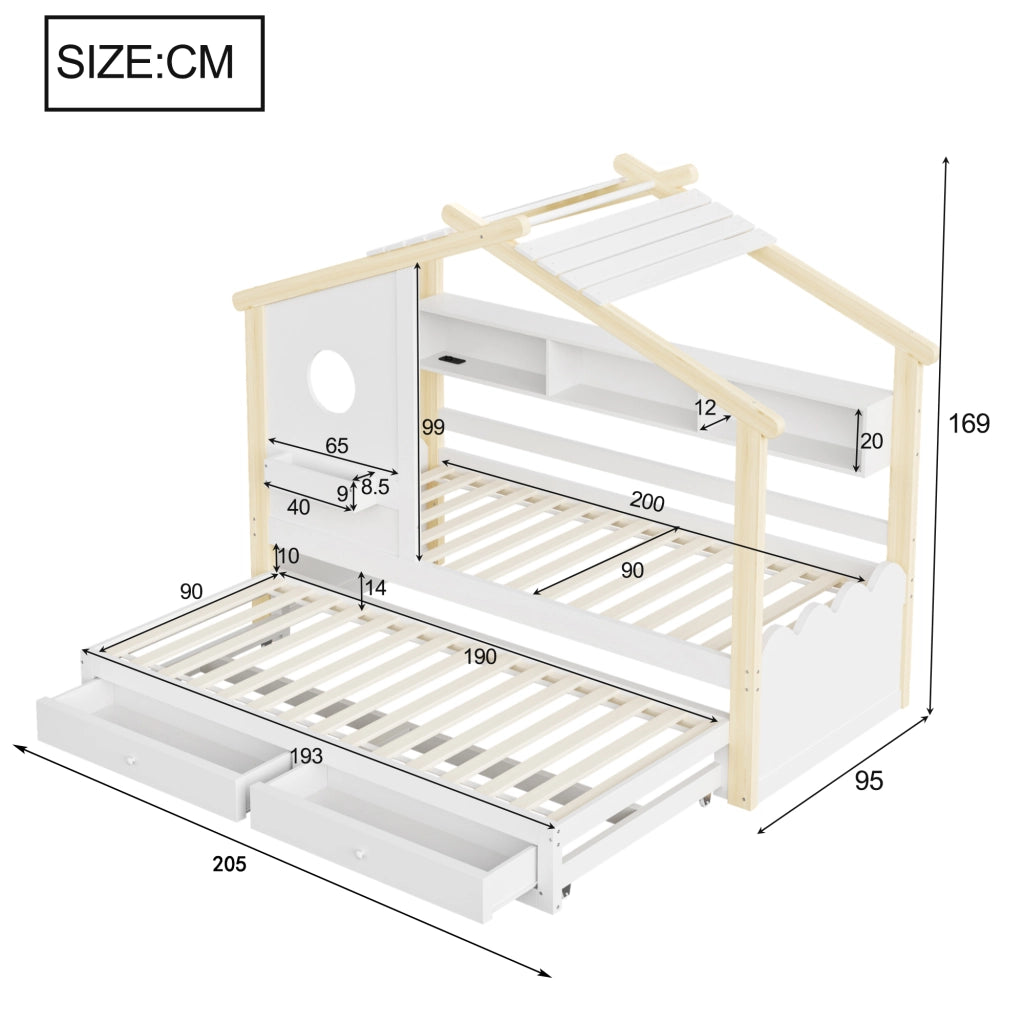 Letto Singolo per Bambini con Letto Estraibile ¨C MINIMAL ¨C Bianco, LED, USB, Cassetti, 90x200