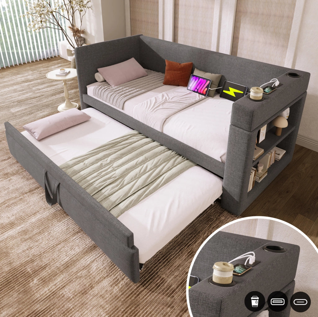 Divano letto 90x190 cm con letto estraibile, USB-C, grigio