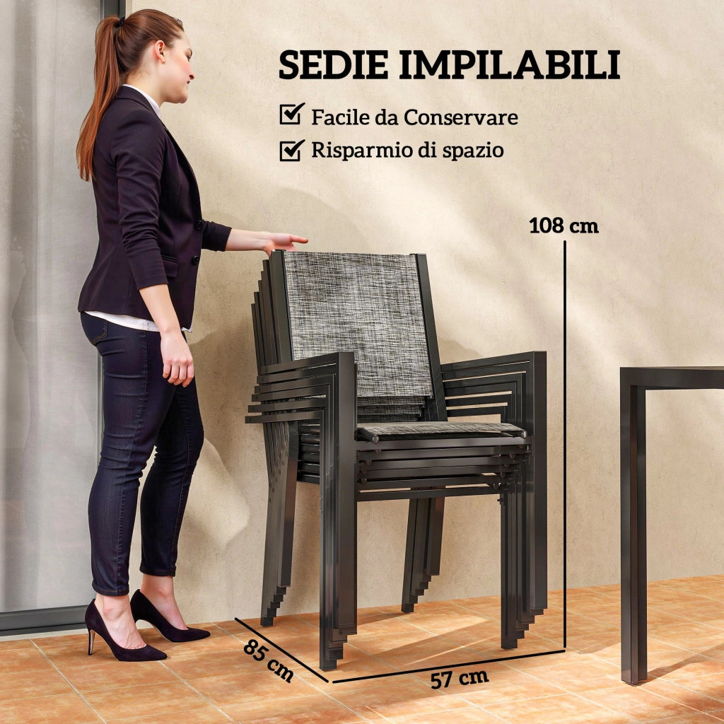 Set da Giardino 7 Pezzi con Tavolo Rettangolare e Sedie Impilabili ¨C zephmum ¨C Grigio e Nero in Acciaio