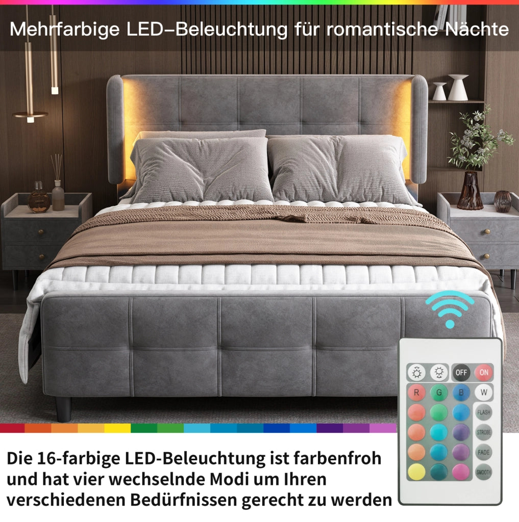 Letto imbottito LED 16 colori in velluto grigio 140x200 cm