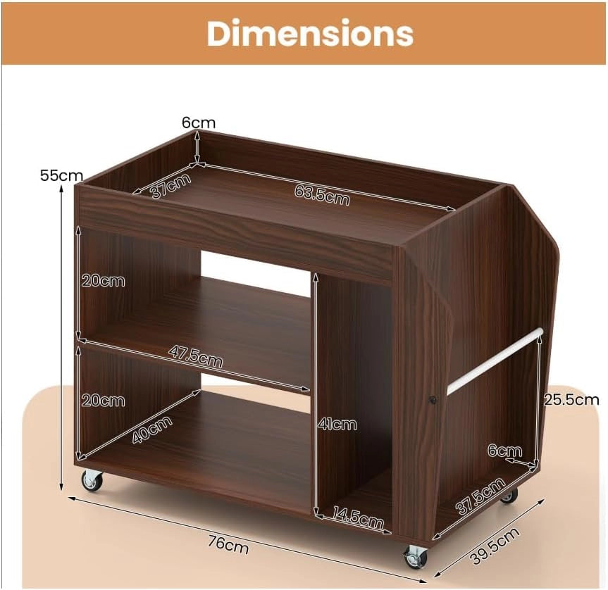 Tavolino con ripiano a 3 livelli e porta riviste, mobile con 4 ruote universali, supporto per stampante mobile per soggiorno, camera da letto, ufficio