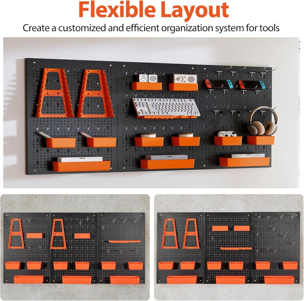 Pannello Porta Attrezzi da Parete 120 X 60 CM, 3 Pannelli Perforati in Metallo con kit di 29 Ganci, Stabile e Resistente, per Garage, Officina (Nero+Arancio, 120 X 60 X 2 CM)