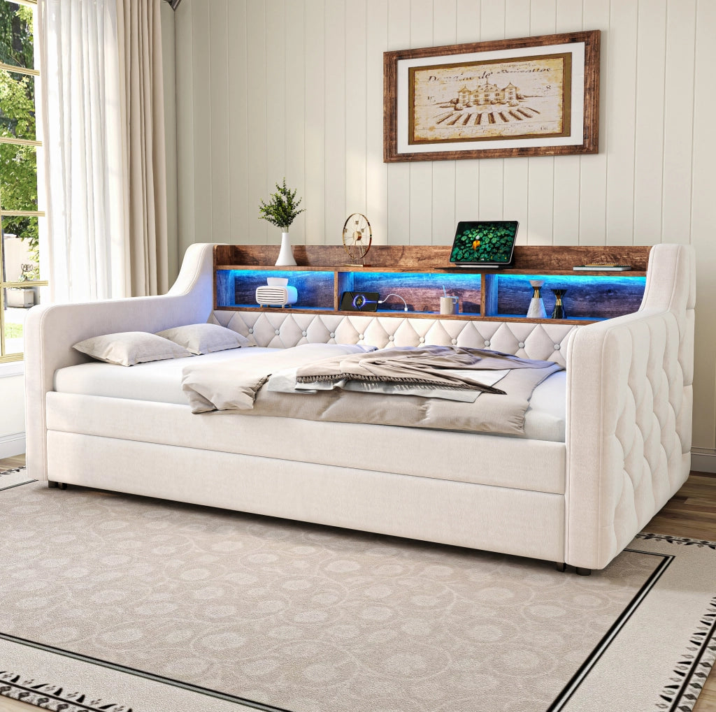 Letto estraibile 90x190 cm con contenitore; LED e USB-C in velluto beige
