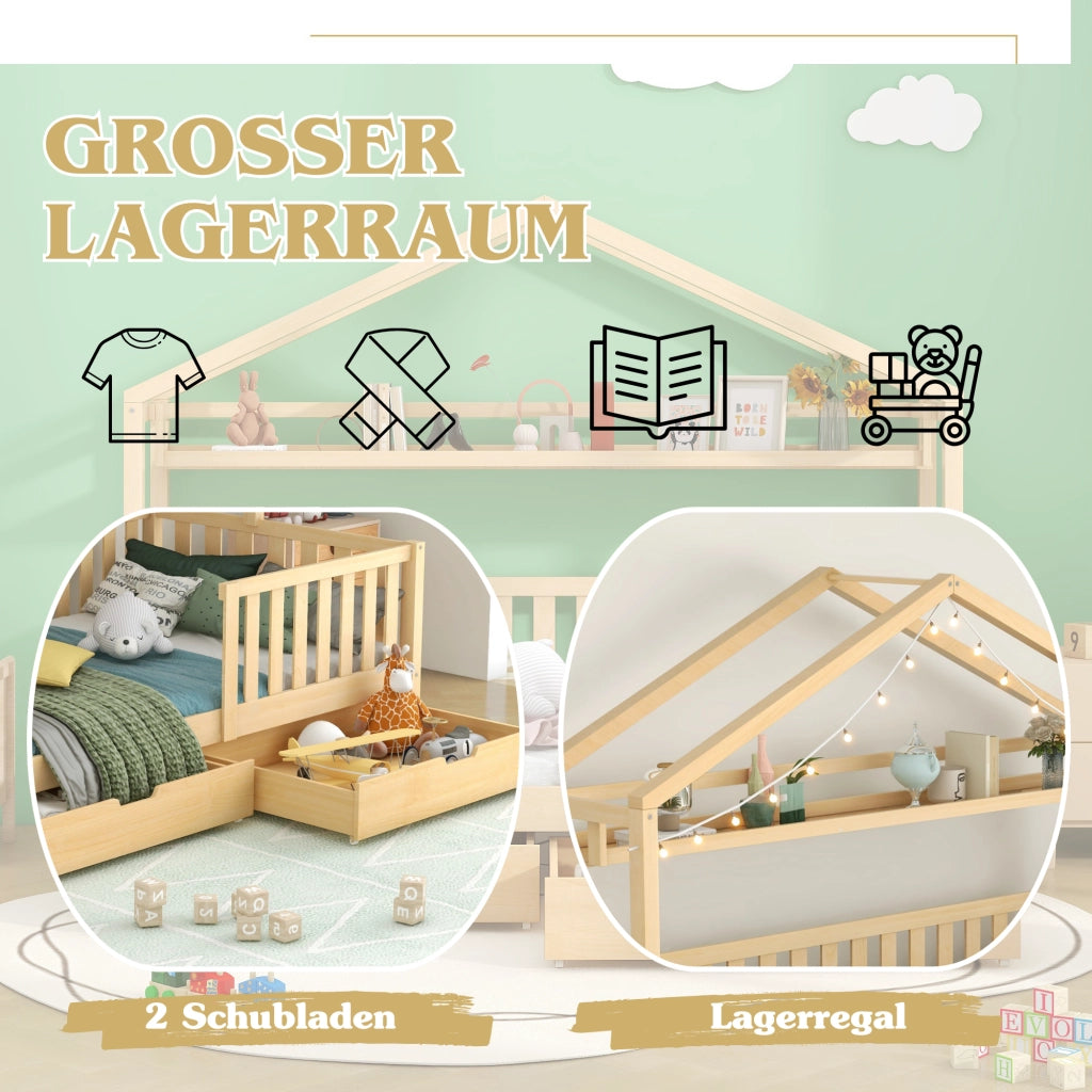 DESMIU Letto casetta Letto singolo 1 posto con 2 cassetti, mensola e sponda 90 × 200 cm, senza materasso