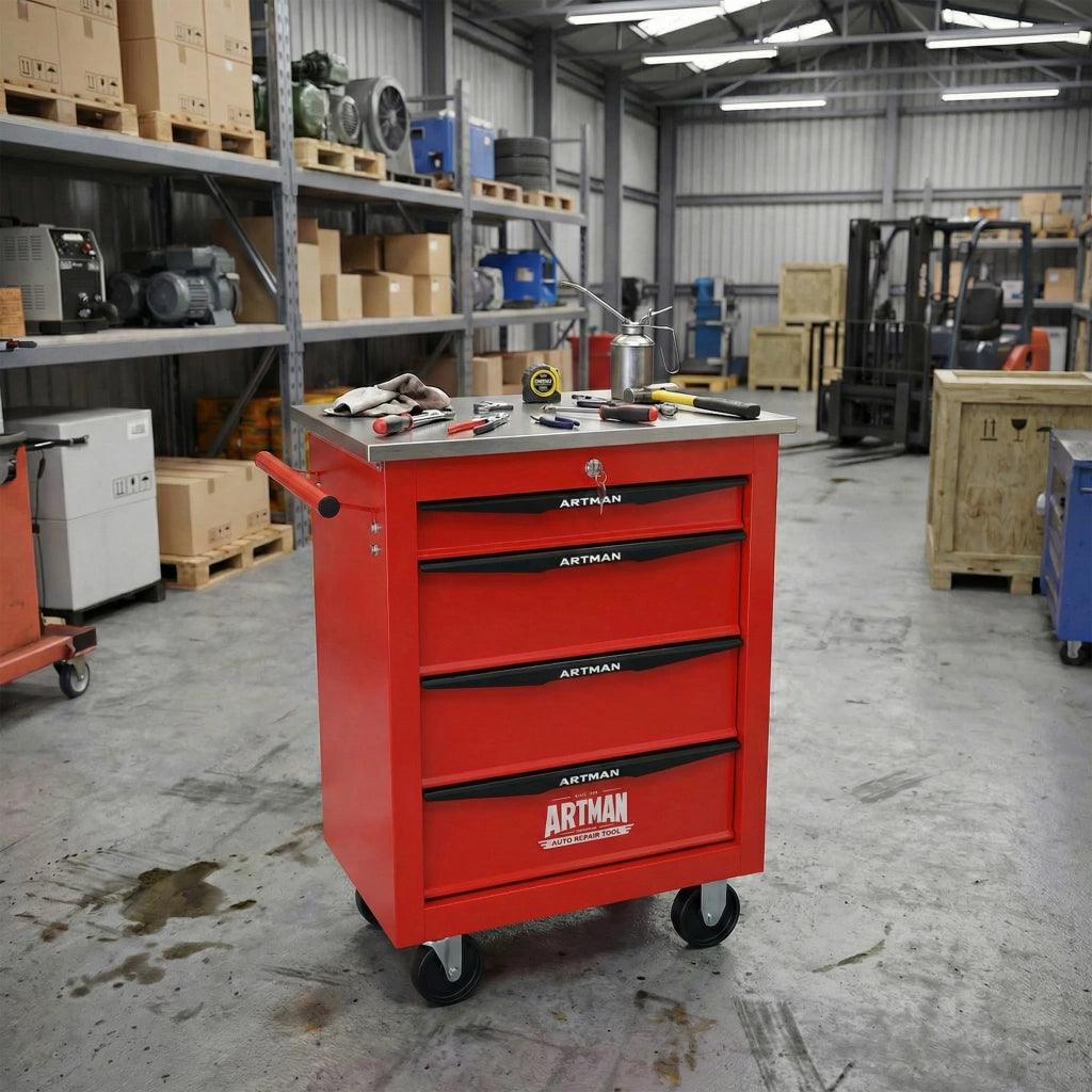 CARRELLO PORTA ATTREZZI 4 CASSETTI 62,5x34,5x78 cm Acciaio Rosso/Nero