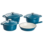 Set da 7 pezzi in ghisa smaltata blu con casseruola e padella, pentole con coperchio e manici in acciaio inossidabile, adatto al forno e compatibile con tutti i tipi di piano cottura, per la cucina