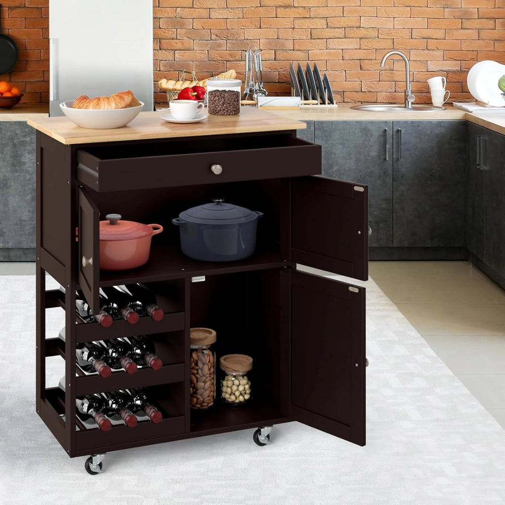 Carrello da cucina mobile con cassetto, porte e ripiani per bottiglie, isola di cucina con ruote e coperchio in legno di gomma, 67 x 37 x 86 cm, mobile di stoccaggio per sala da pranzo