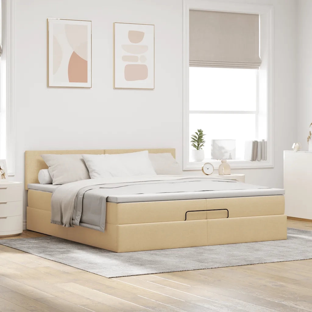 Struttura Letto Pouf con Materassi Crema 200x200 cm in Tessuto 3312255