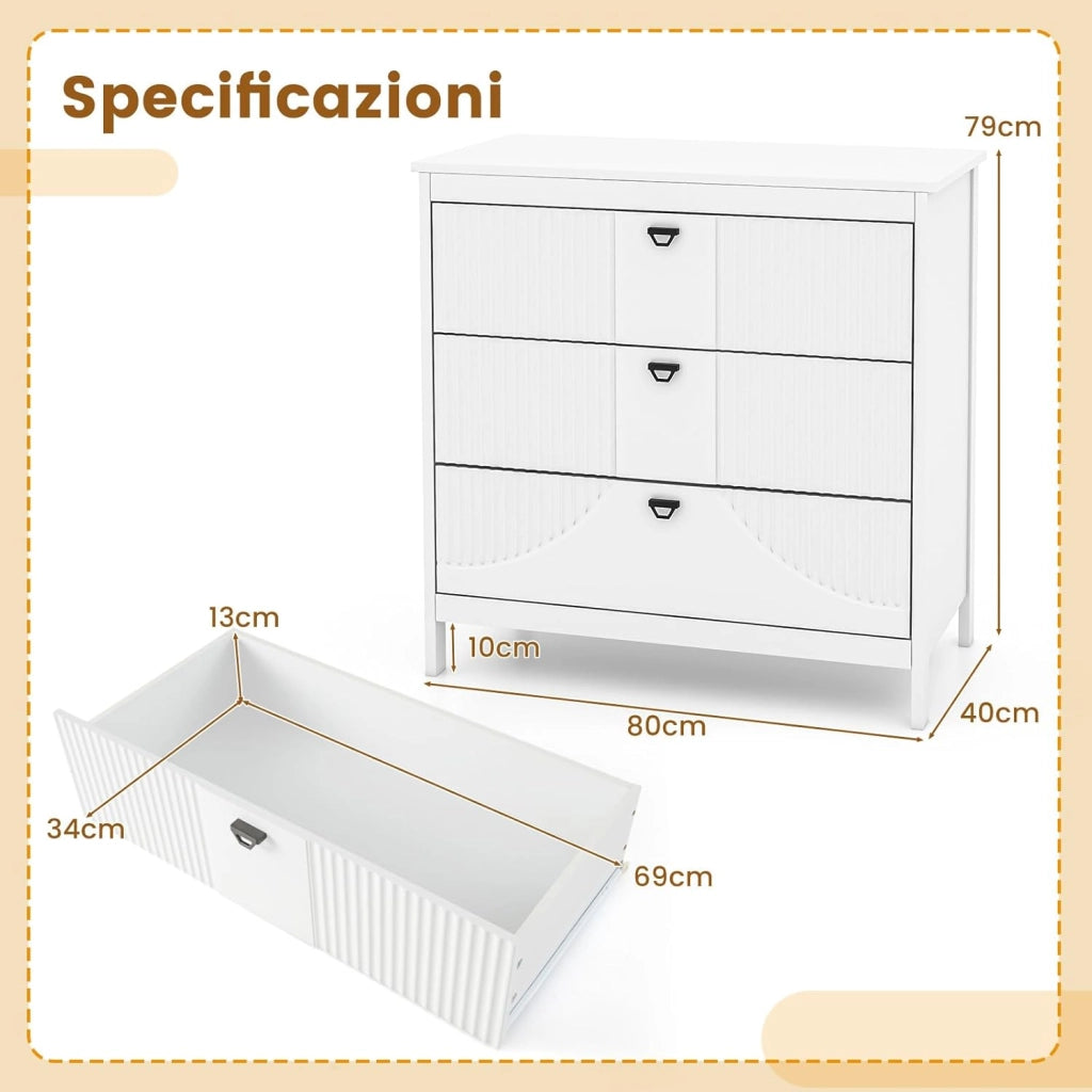 Comò a 3 Cassetti, Cassettiera in Legno con Kit Anti-Ribaltamento, Armadio di Stoccaggio con Ampio Spazio per Camera da Letto Soggiorno Ingresso, 80 x 40 x 79 cm