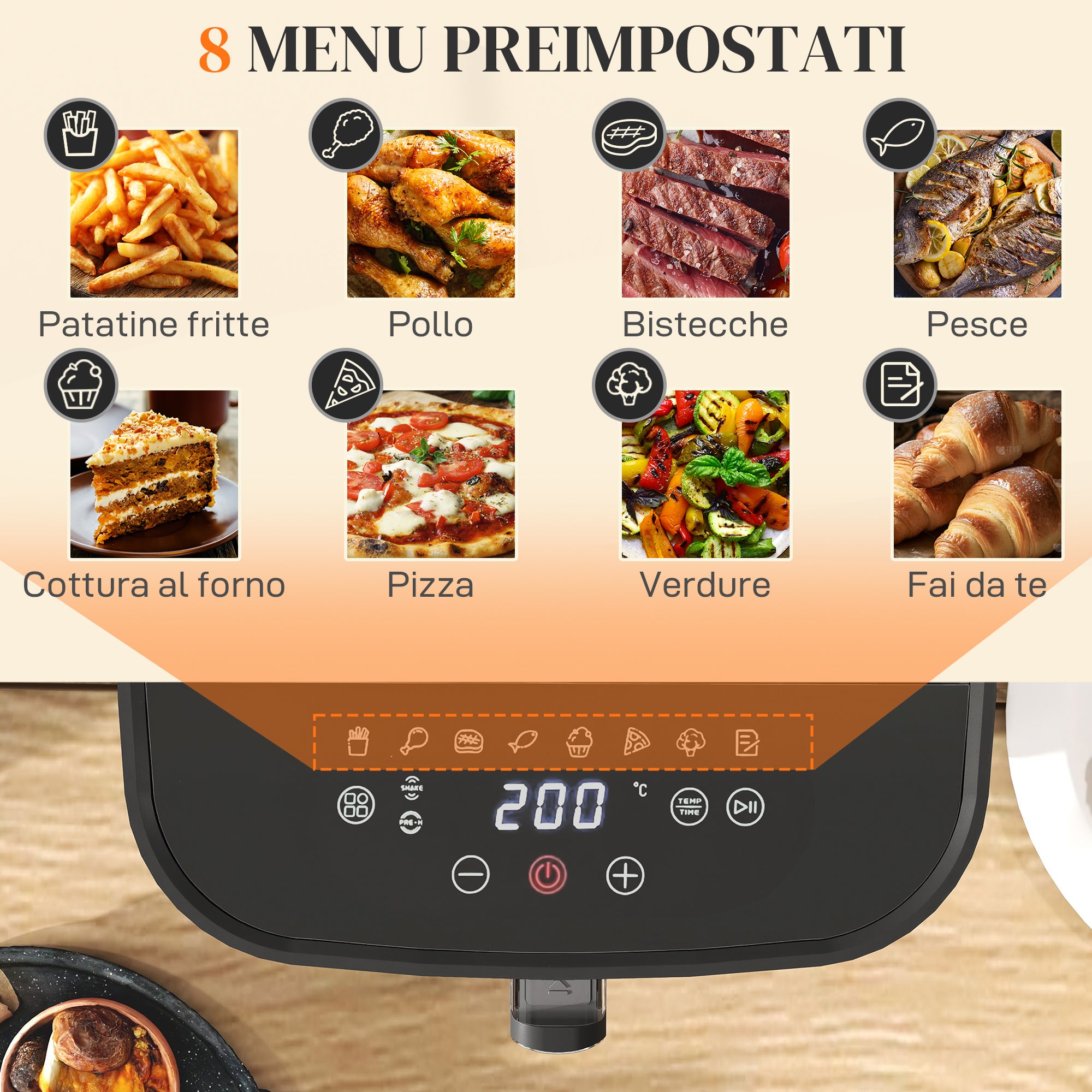Friggitrice ad Aria Air Fryer 1700W da 6,8L con 8 Programmi di Cottura Nero