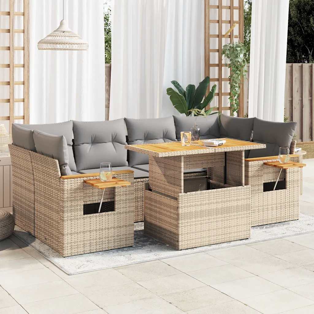 vidaXL Set Divani da Giardino 7 pz con Cuscini Beige Polyrattan Acacia