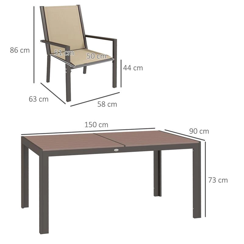 SET DA GIARDINO 7 PEZZI IN PLASTICA CON 6 SEDIE IMPILABILI E TAVOLO RETTANGOLARE, KAKI E MARRONE