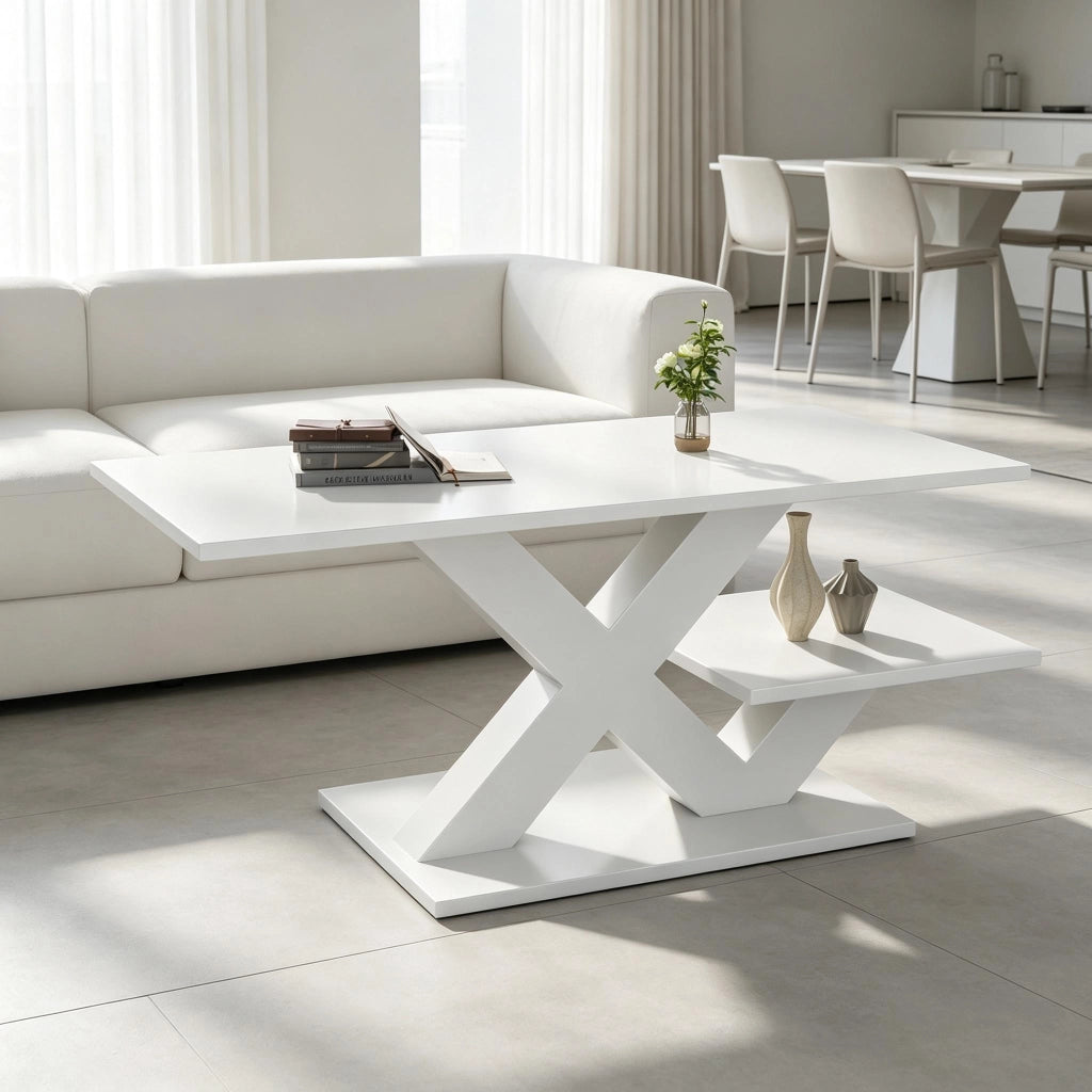 Tavolino da salotto rettangolare bianco lucido 100 x 48 x 45 cm, in MDF, struttura a X, portata fino a 10 kg