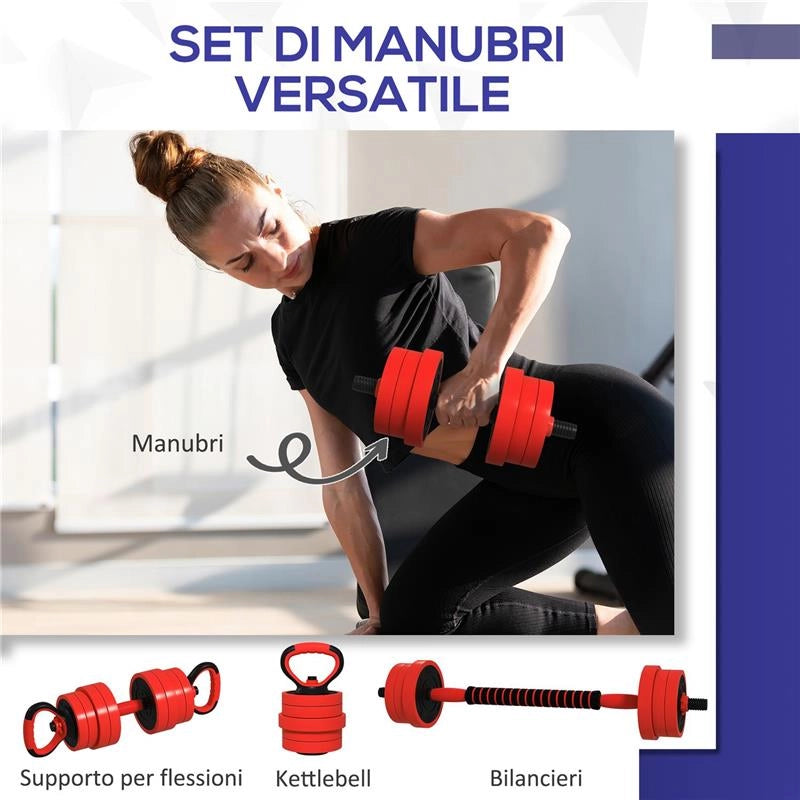 SET PESI DA PALESTRA 4 IN 1 DA 20KG CONVERTIBILE IN KETTLEBELL 2 MANUBRI BILANCIERE E SUPPORTO FLESSIONI ROSSO