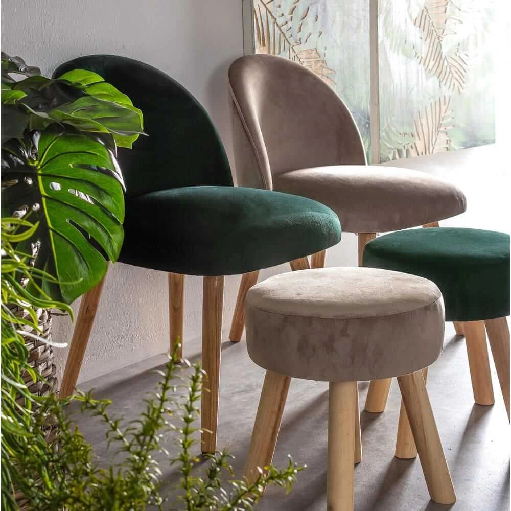 Set di 2 Sgabelli Rotondi in Velluto con Gambe in Legno - MIREILLE