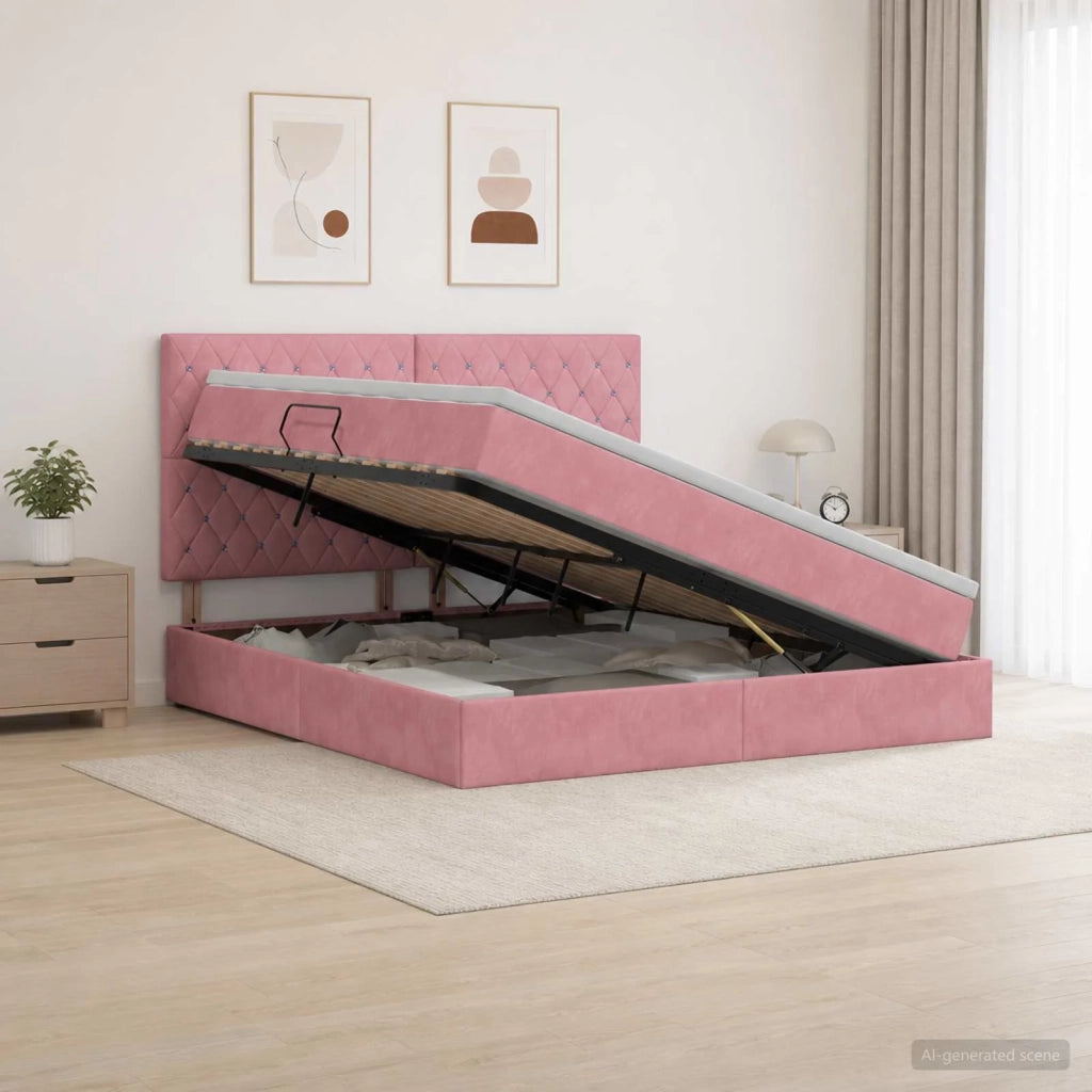 Letto con contenitore e materasso Rosa 140 x 200 cm Velluto 3459638