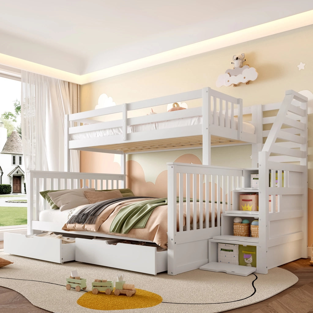 Letto a castello 90x200/140x200 cm bianco con cassetti