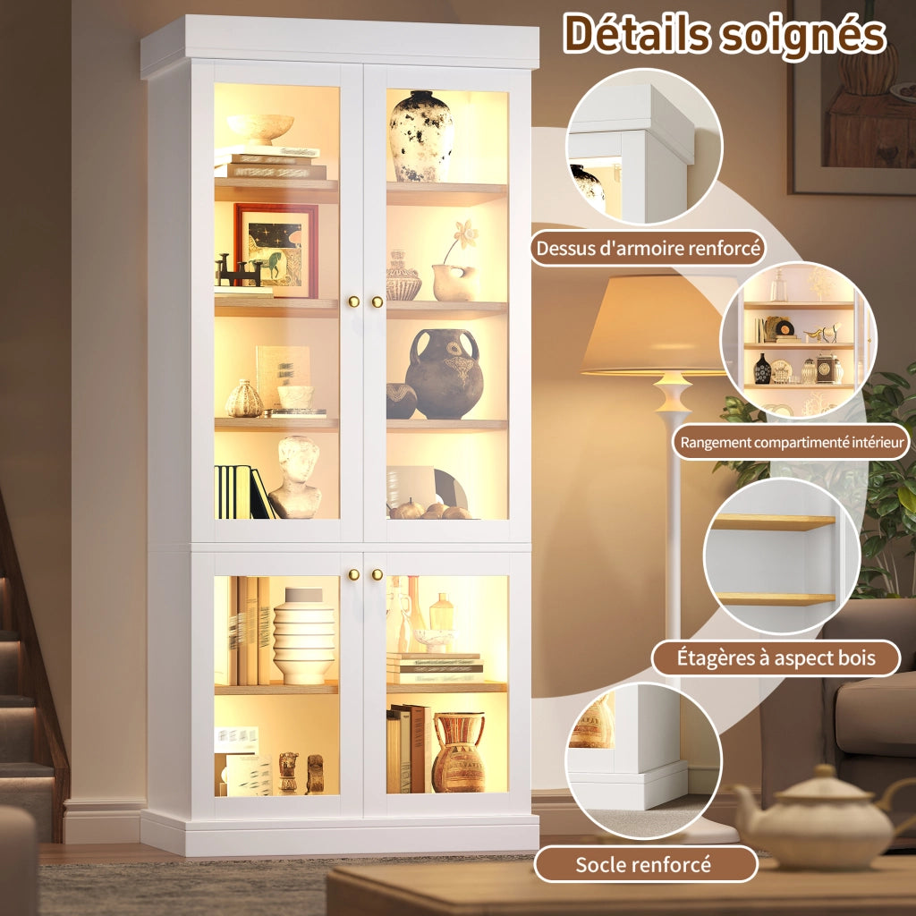 Armadio di stoccaggio con 2 sistemi antiribaltamento; illuminazione led; ripiani regolabili e ante in vetro per soggiorno; 80 × 40 × 180 cm