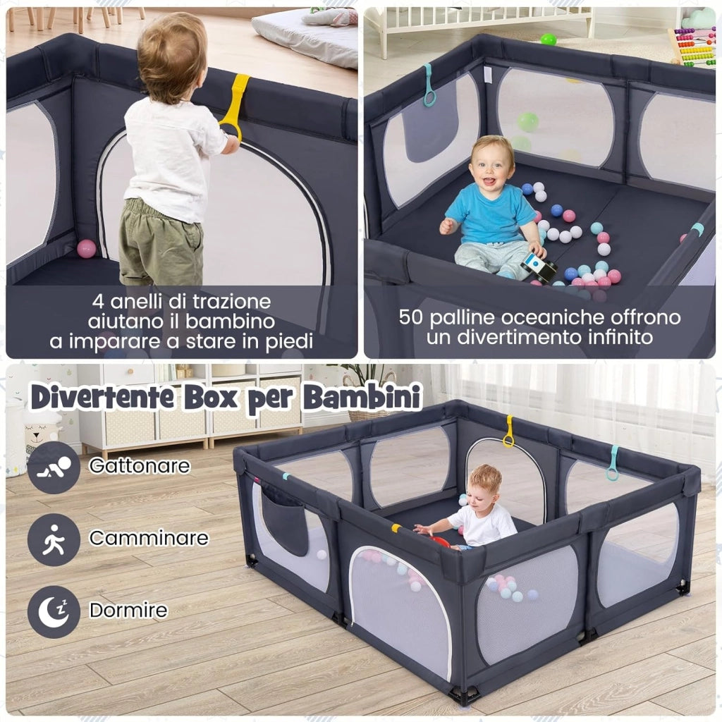 Recinto per Bambini, Box per Bambini con Rete Traspirante, Centro Attività per Bambini con 50 Palline, Box Giochi per Bambini 0-3 Anni (Grigio Scuro, 189 x 158 cm)