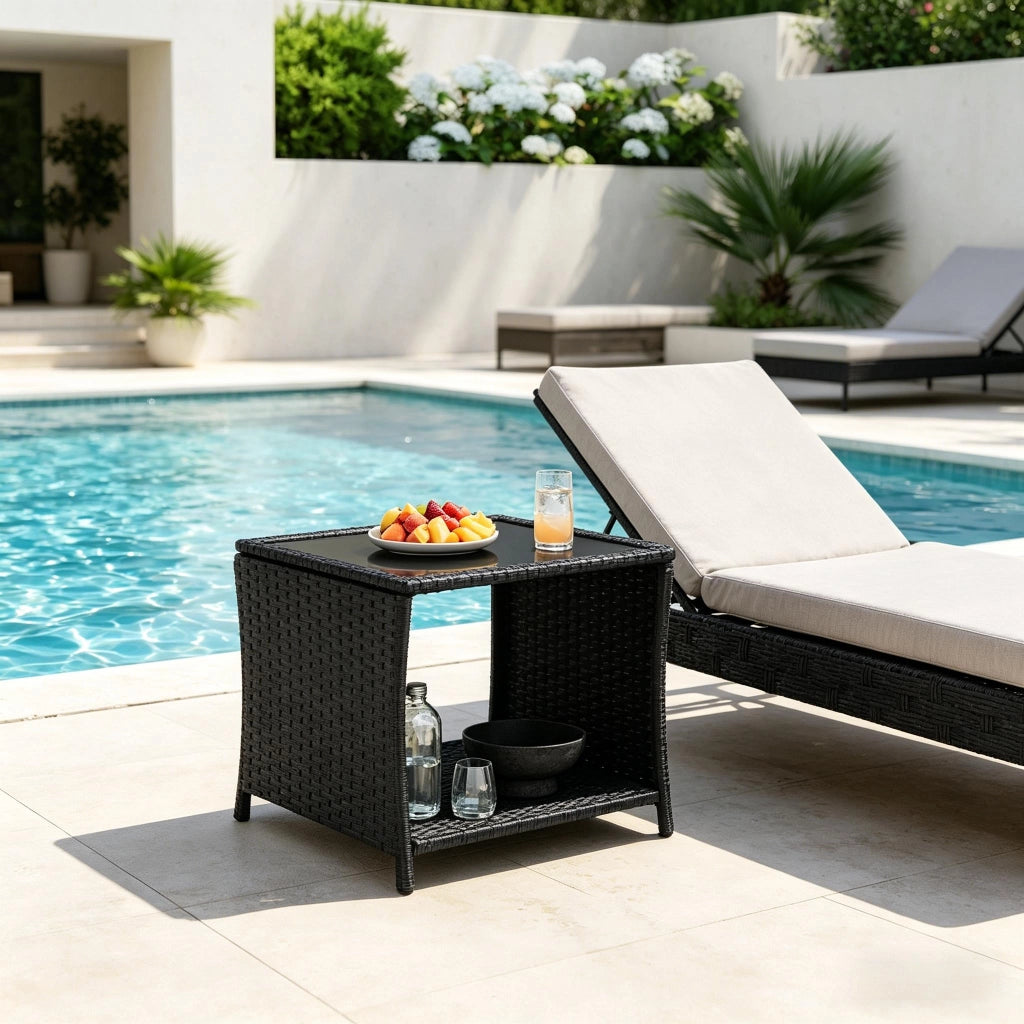 TAVOLO DA GIARDINO IN POLYRATTAN CON VANO PORTAOGGETTI 45 x 45 x 40 cm NERO