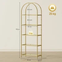 Scaffale Portaoggetti ad Arco a 5 Ripiani in Acciaio e Vetro Temperato, 60x30x175 cm, Oro