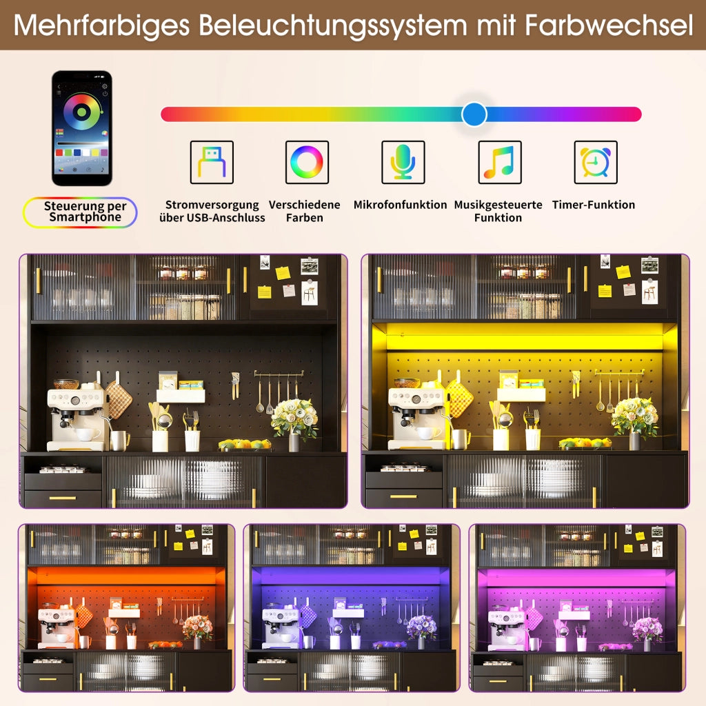 Credenza e madia con LED smart, vani aperti e cassetti, per cucina e sala da pranzo, nero, 140 × 40 × 180 cm