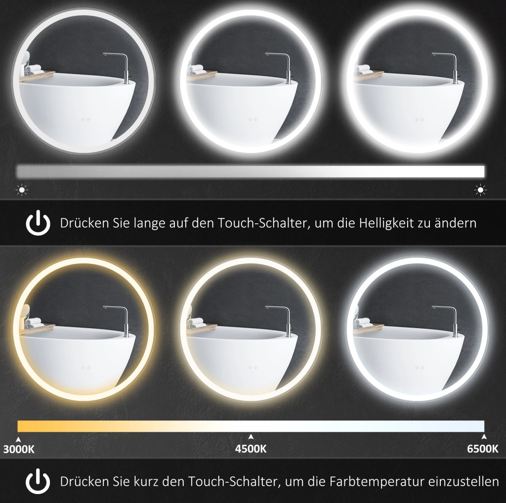 Specchio da bagno LED Ø 60 cm con touch, funzione memoria e antiappannamento, cornice in alluminio