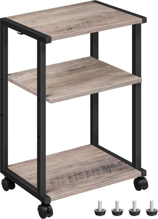 Stampante a 3 livelli, carrello con ruote bloccabili e piedi, con 2 ganci, 42 x 28 x 64 cm, design industriale, per ufficio, salotto, cucina, grigio e nero.