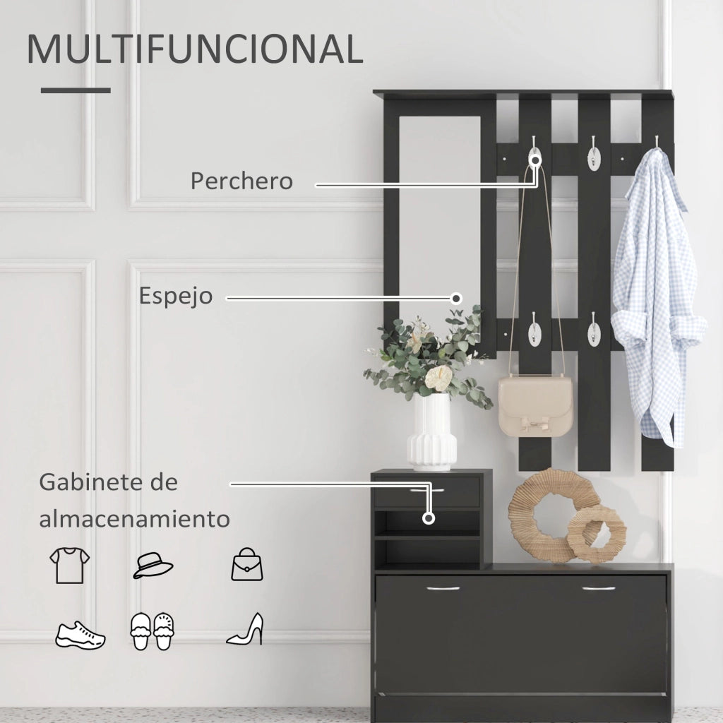 Set Mobile Ingresso con Specchio Appendiabiti e Scarpiera ¨C Xylo ¨C 6 Ganci Nero
