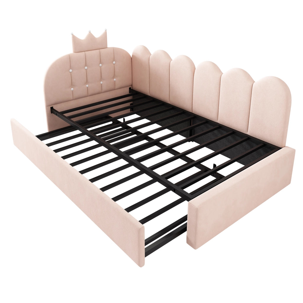 Letto daybed con letto estraibile 90x200 cm in velluto rosa, design corona, per cameretta e ospiti