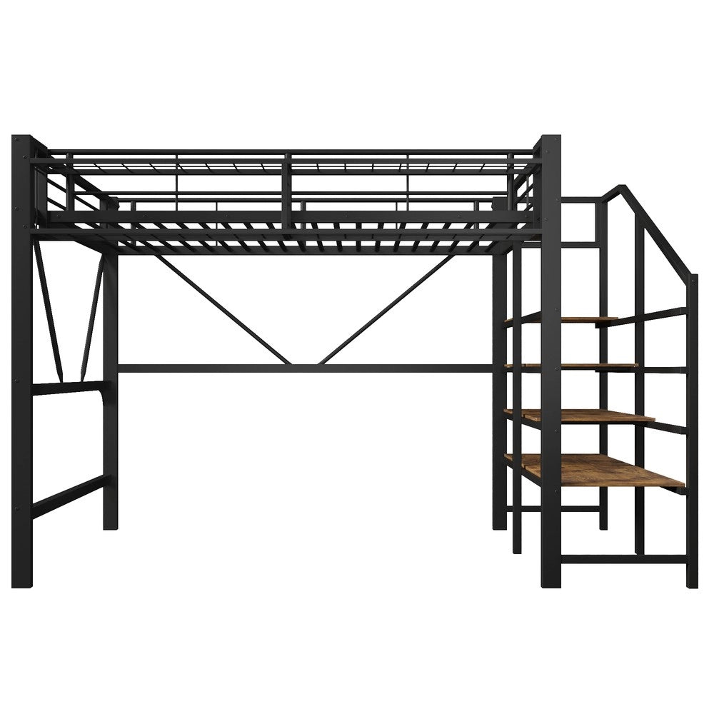 Letto a Soppalco con LED ¨C MINIMAL ¨C Metallo Nero 140x200, Gradini, Contenitore
