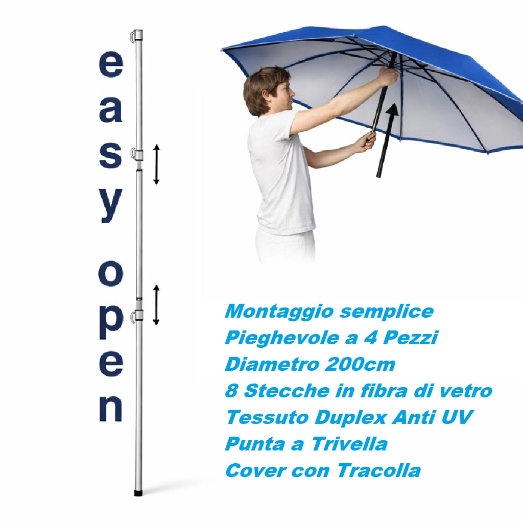 Ombrellone Mare 200cm Duplex 8 Stecche in fibra Antivento Pieghevole Salvaspazio