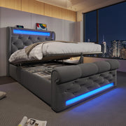 Letto imbottito singolo 90x200 cm con LED, USB Type C, contenitore idraulico e materasso incluso, grigio