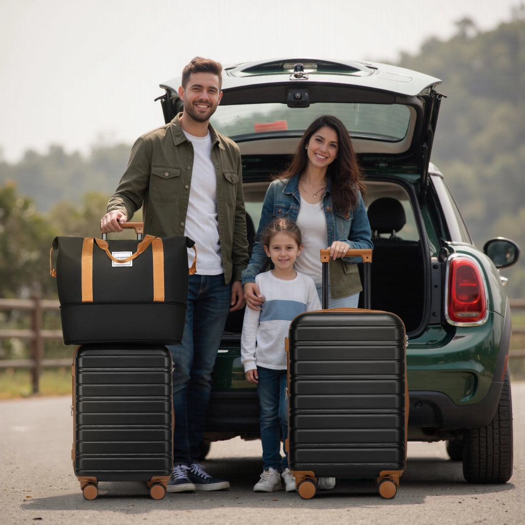 Set di valigie 6 pezzi con valigie espandibili rigide, ruote girevoli e borsa da viaggio in ABS nero