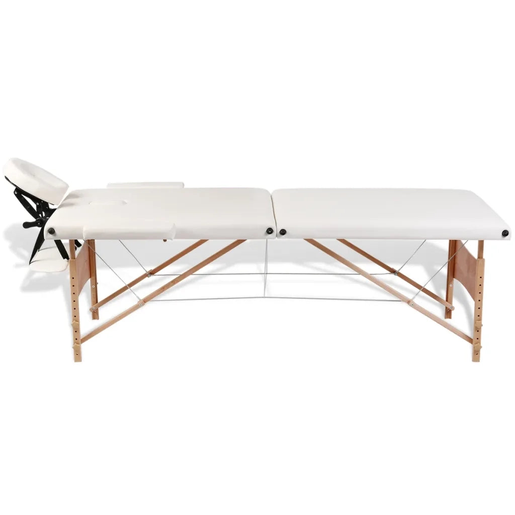 Lettino Pieghevole da Massaggio Crema 2 Zone con Telaio Legno 110078