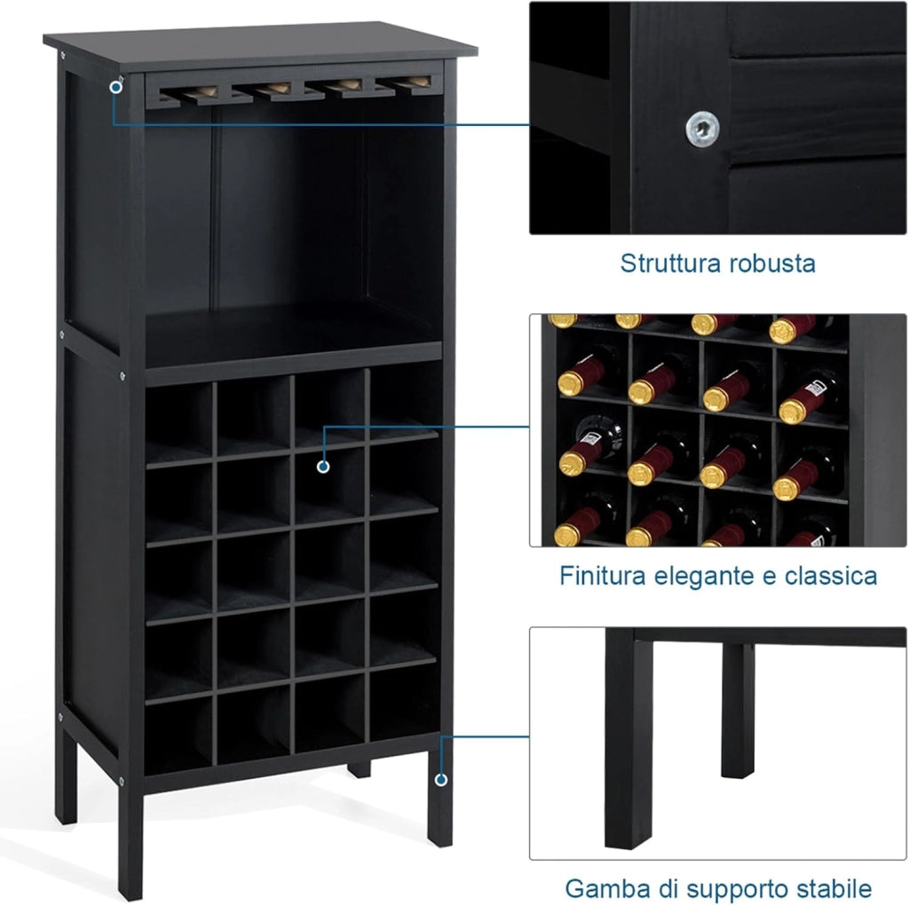 Cantinetta Portabottiglie in Legno, Scaffale per Vino con Portabicchiere/Calici, Portavino per 20 Bottiglie e 4 Calici, 42 x 24,5 x 96 cm (Nero)