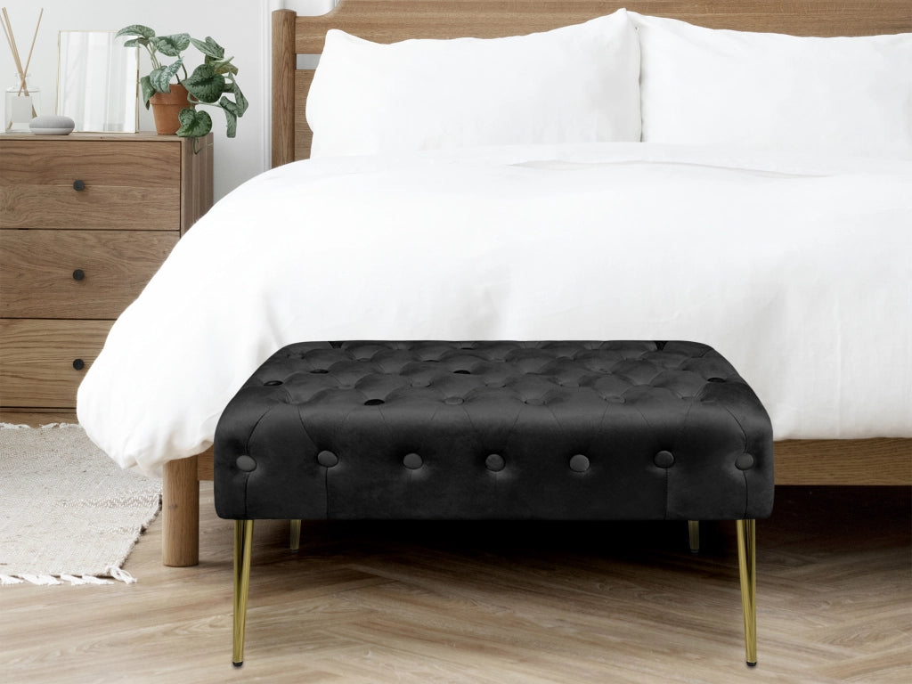Panca Imbottita Divanetto In Velluto Sgabello A Pie Di Letto Con Gambe In Metallo Dorato Panchina Ingresso Legno Massello Pouf - Nero