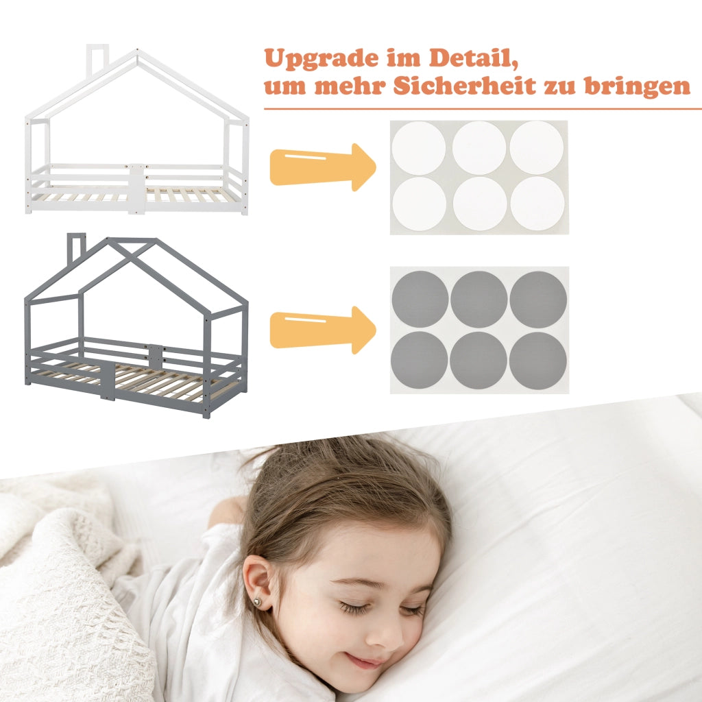 Letto a casa in legno massello grigio con protezione anticasco e reti a doghe 90x200 cm