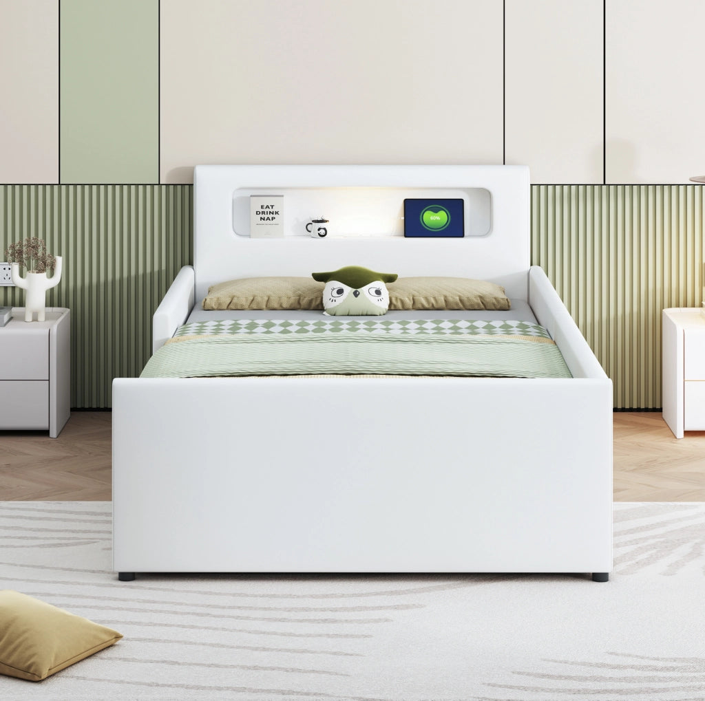 Letto singolo per bambini 90x200 cm con cassetti; luce LED e USB in ecopelle bianca