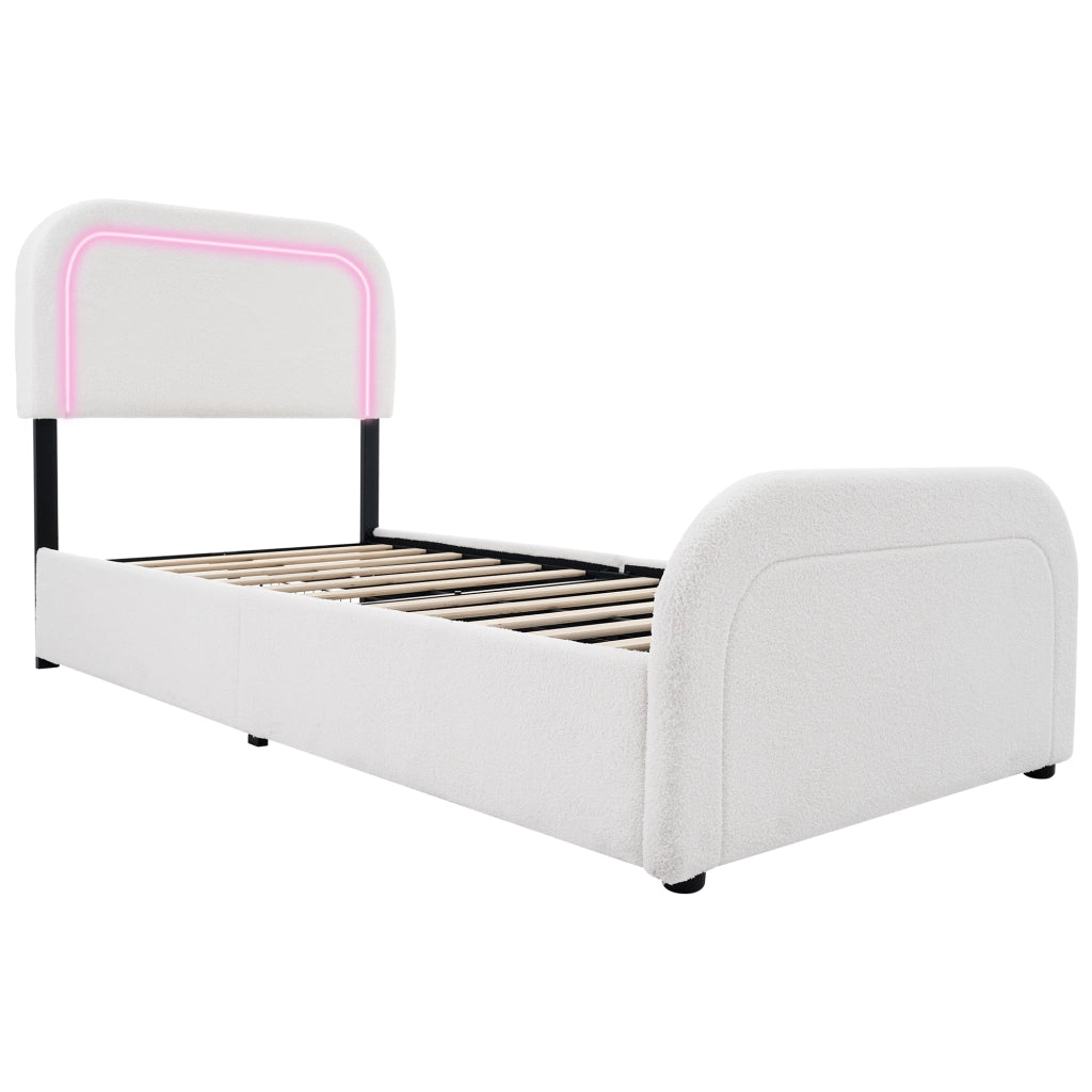 Letto singolo imbottito 90x200 cm con USB Type-C, LED, 2 cassetti e materasso incluso, rivestimento Sherpa bianco