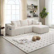 Divano Modulare con Chaise Longue, Tasche Laterali, Portabicchieri e 5 Cuscini, in Velluto a Coste Beige