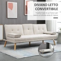 Divano Letto 3 Posti Reclinabile con Rivestimento Effetto Lino e Tavolino a Ribalta, Beige