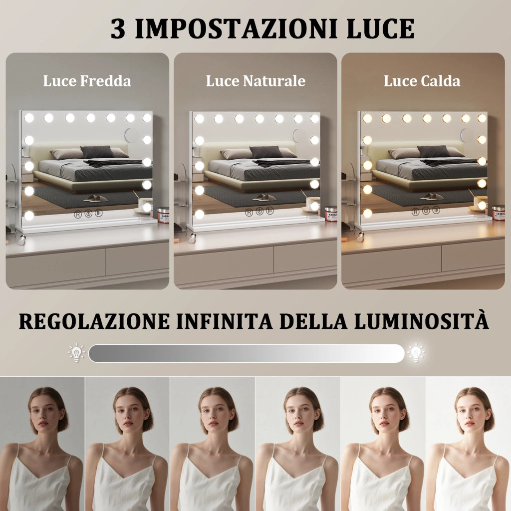 Specchio per il trucco con luce,15 lampadine LED,3 modalit¨¤ di luce, intensit¨¤ regolabile,controllo touch,porta USB/tipo C,58 x 46 x 3 cm,