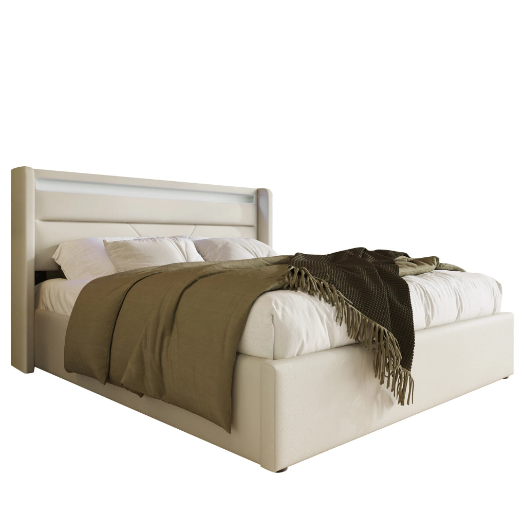 Letto imbottito 140x200 cm con LED e vano contenitore