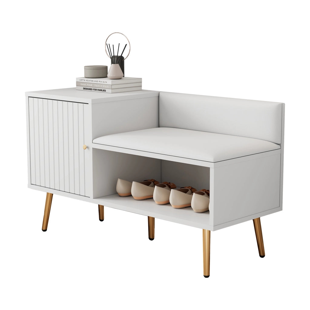 Mobile Scarpiera con Seduta Imbottita e Schienale; Gambe in Metallo; per Ingresso; Bianco; 100 x 38 x 58 cm