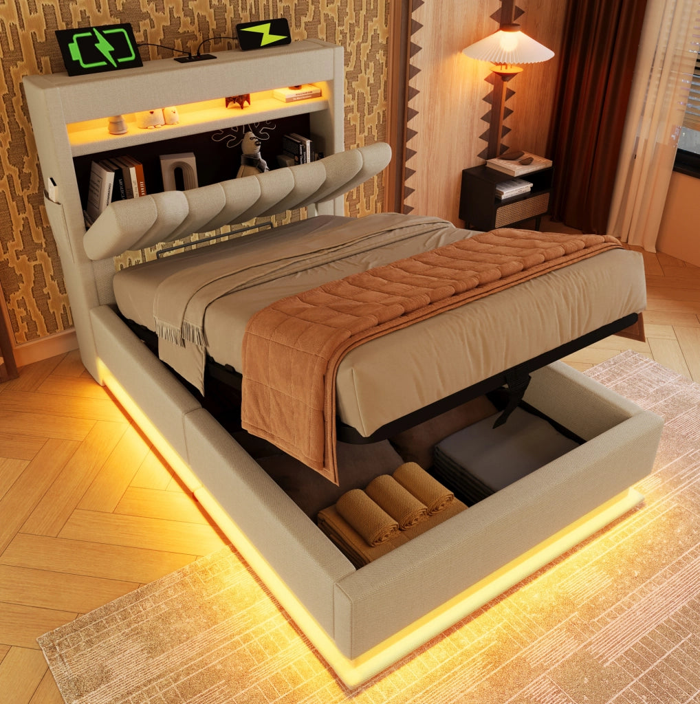 Letto singolo 90x200 cm con contenitore; LED; porte USB e Type-C; beige in lino con materasso